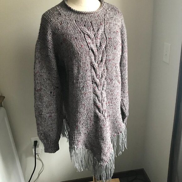 Handknit Gray and Maroon Wool Cable Knit Long Line Fringe Sweater Size M - Picture 2 of 6